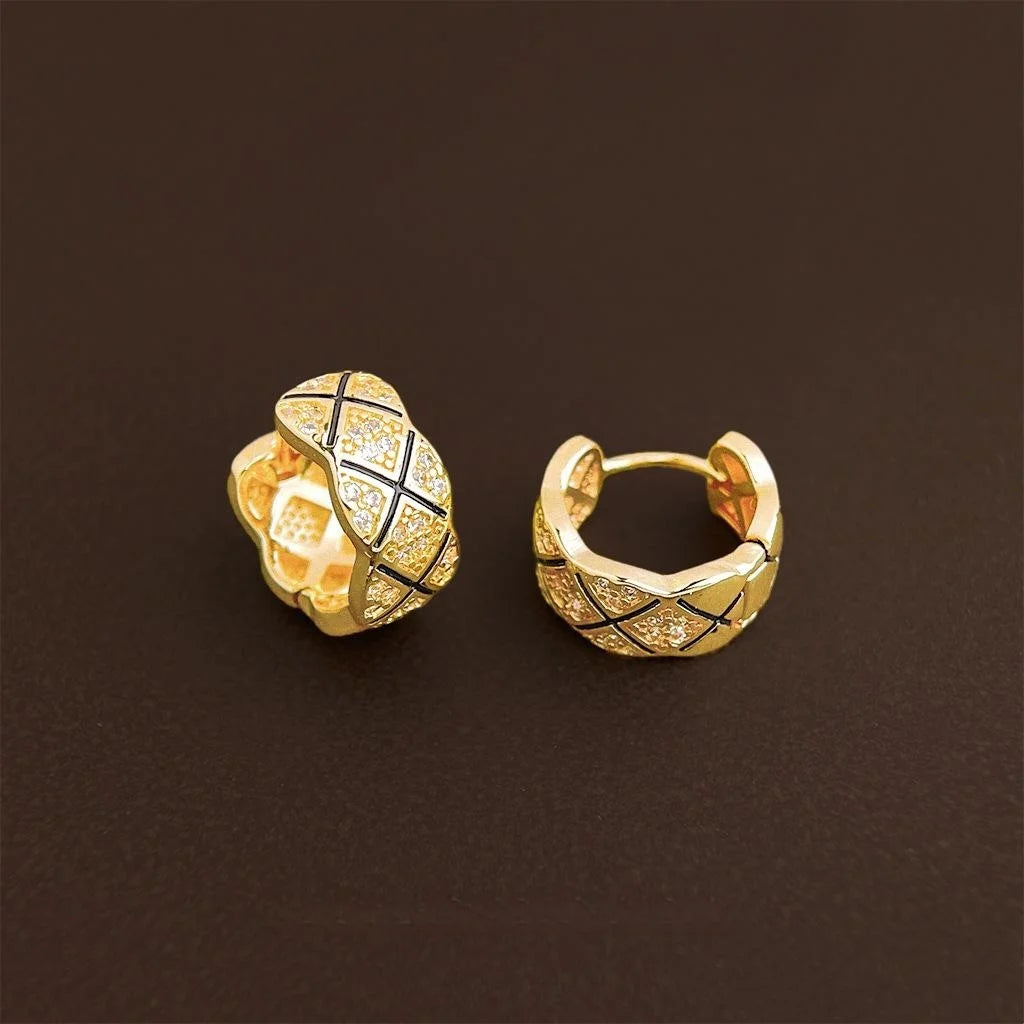 French Vintage Micro Pave Zircon Enamel Copper C-Shaped Geometric Hoop Earrings for Women