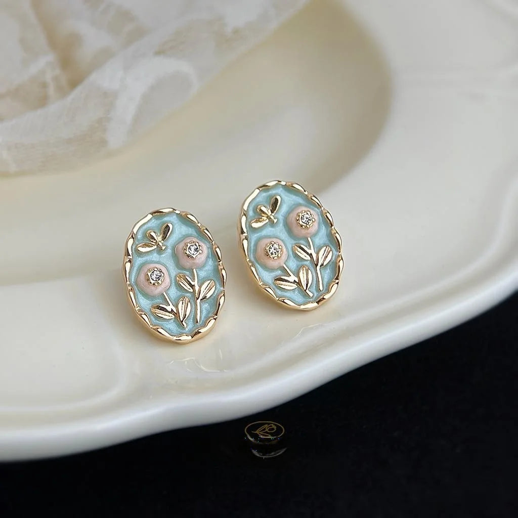 Forest Style Enamel Glaze Flower Stud Earrings Silver Plated Copper Alloy French Elegant Jewelry