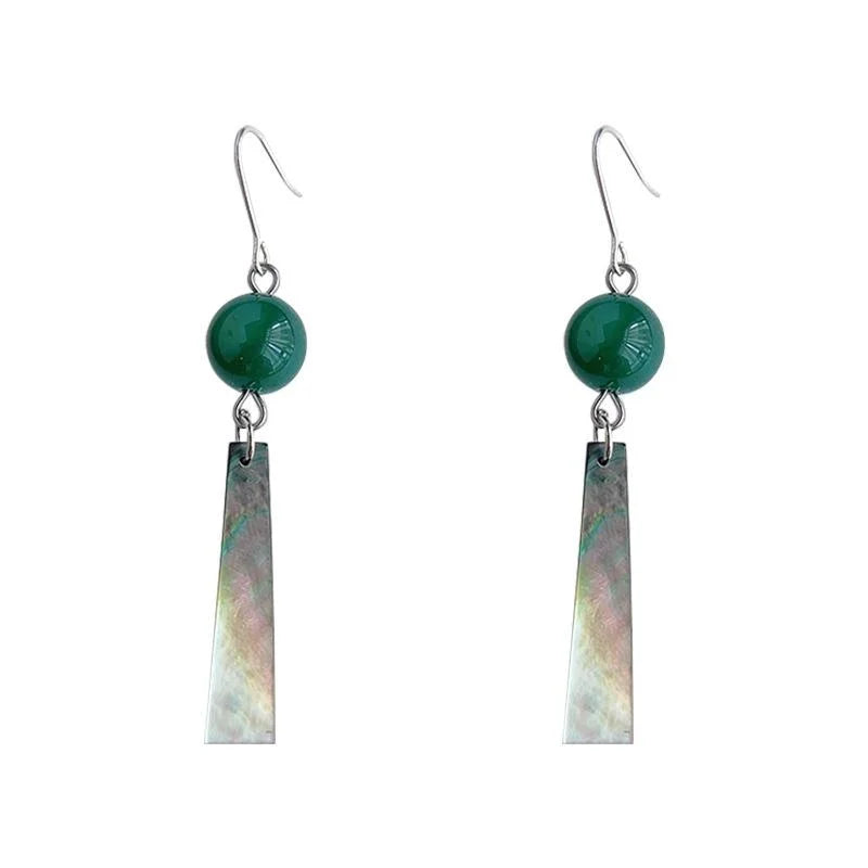 New Chinese Style Green Agate Shell Geometric Tassel Drop Earrings Handmade