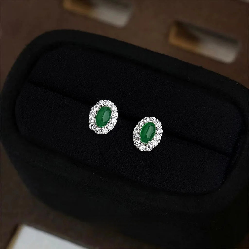 Light Luxury Oval Emerald Green Glass Zircon Micro Pave Copper Stud Earrings With Silver Plated Pins