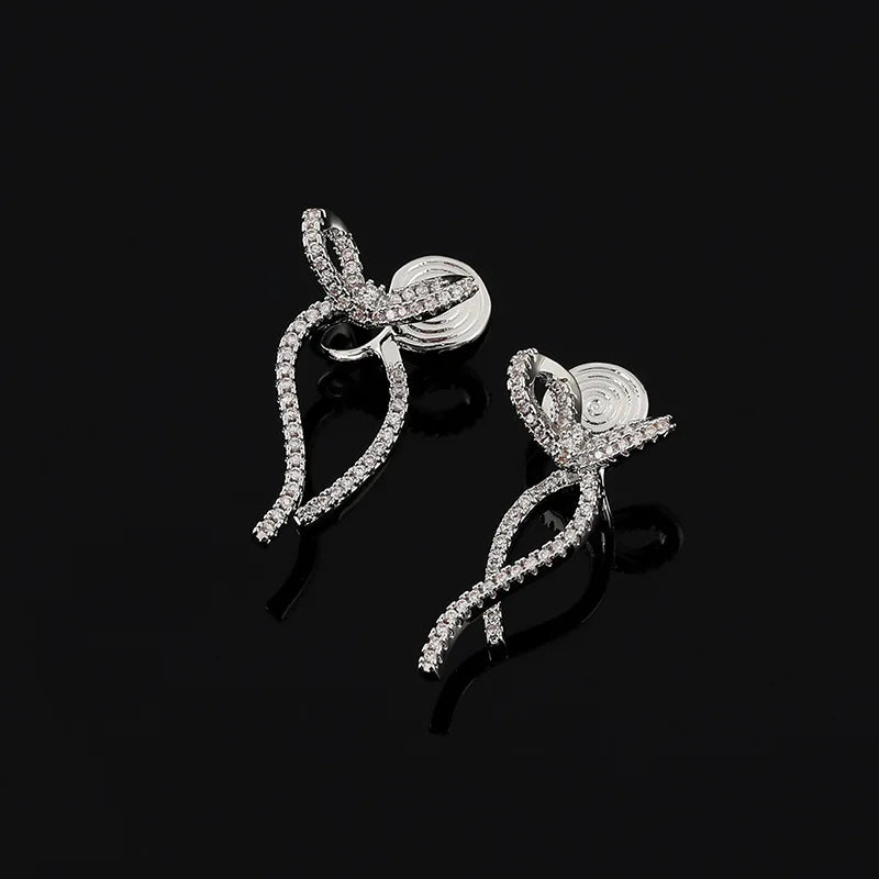 Elegant Zircon Rhinestone Bowknot Swirl Drop Stud & Clip On No Piercing Back Hanging Earrings
