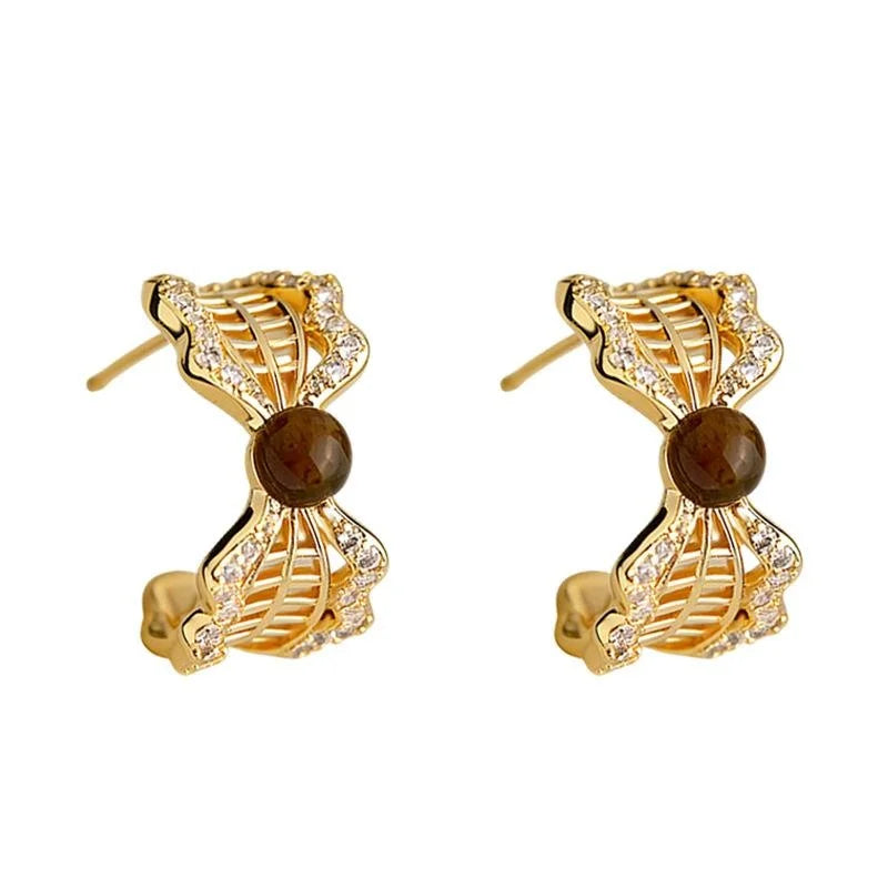 Vintage Maillard Bow Drop Earrings Copper Tiger Eye Stone Zircon Micro Pave Lace Edge