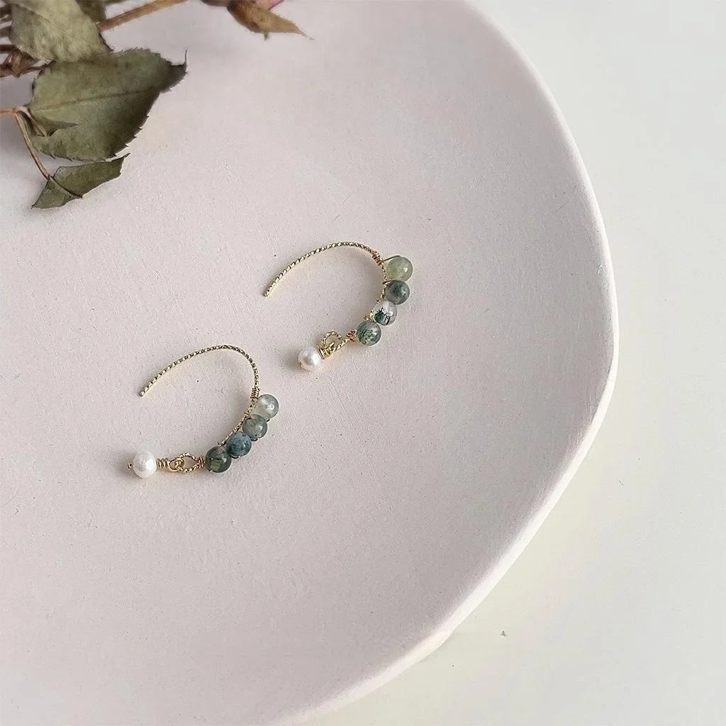 Forest Style Natural Stone And Freshwater Pearl Geometric Round 14K Plated Drop Earrings