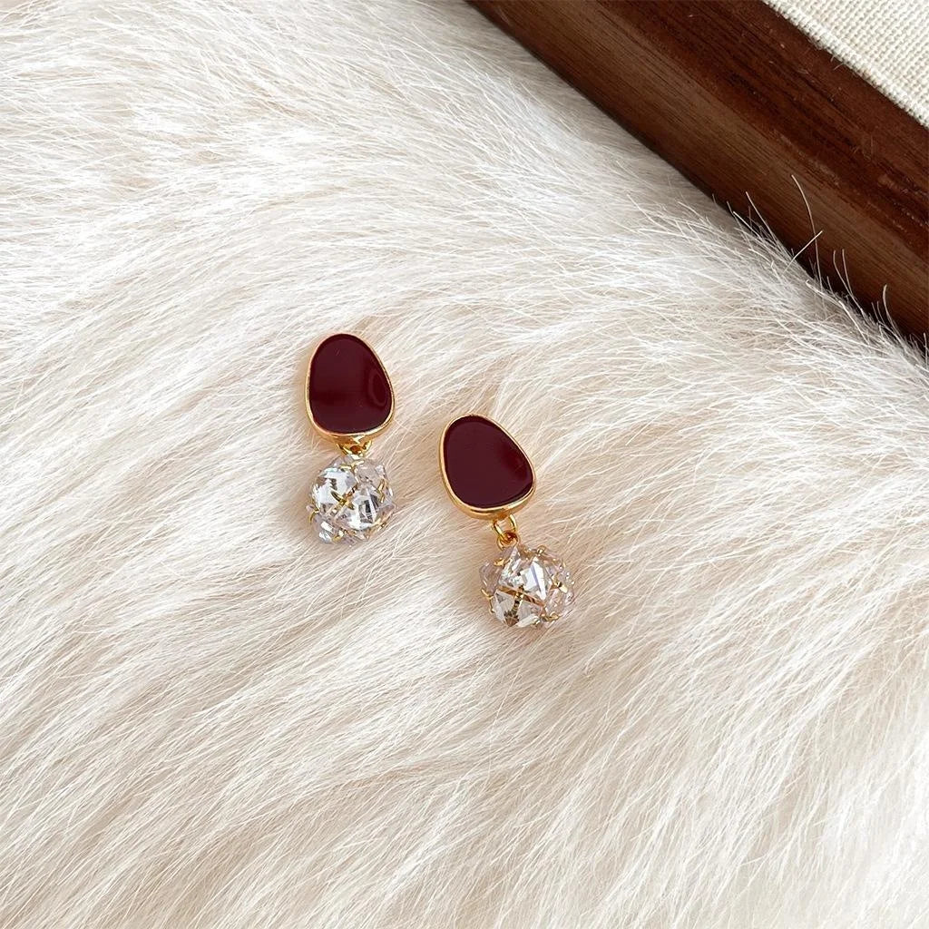 French Vintage Red Enamel Geometric Copper Drop Earrings Light Luxury Niche Jewelry