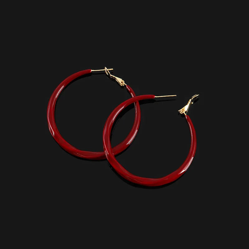Vintage Red Enamel Twisted Large Hoop Spiral Stud & Clip On No Piercing Statement Earrings
