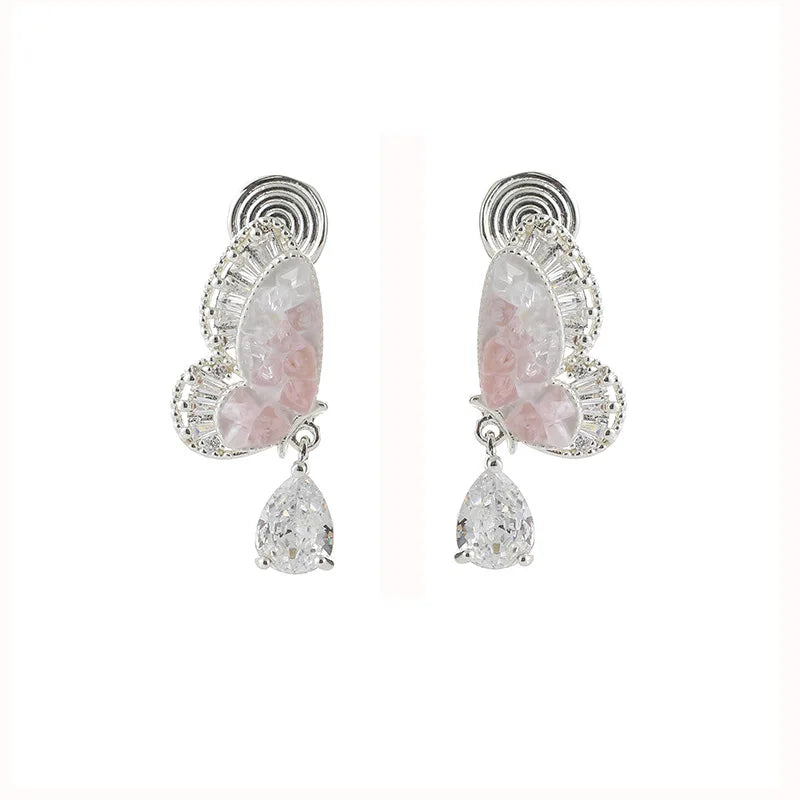 Luxury Double Layer Pink Butterfly Crystal Rhinestone Drop Stud & Clip On No Piercing Earrings