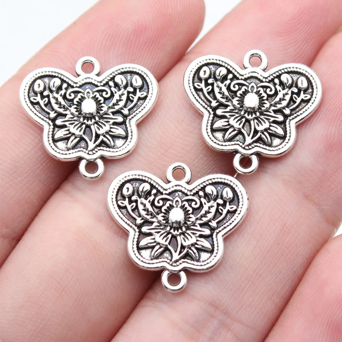 19x17mm 1.75g Antique Silver Zinc Alloy Flower Butterfly Double Sided Connector Charm for DIY Bracelet Necklace