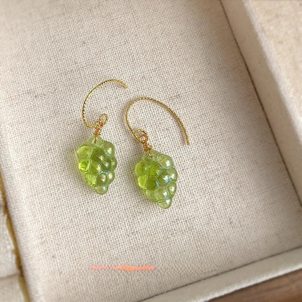 Translucent Czech Glass Grape Drop Earrings Fresh Sweet Green Fruit Forest Style Jewelry