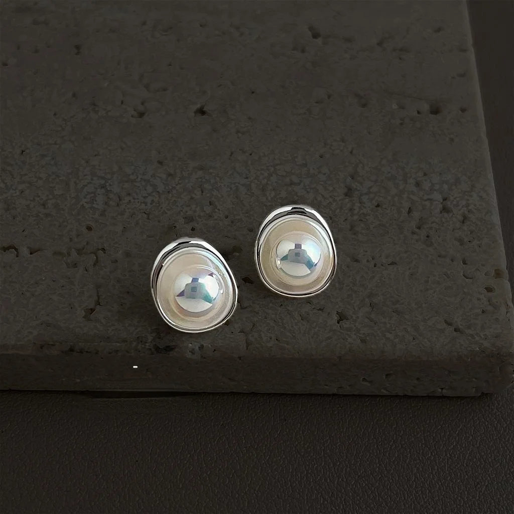 Light Luxury Geometric Pearl Stud Earrings For Women, Copper Round Oval Elegant Jewelry