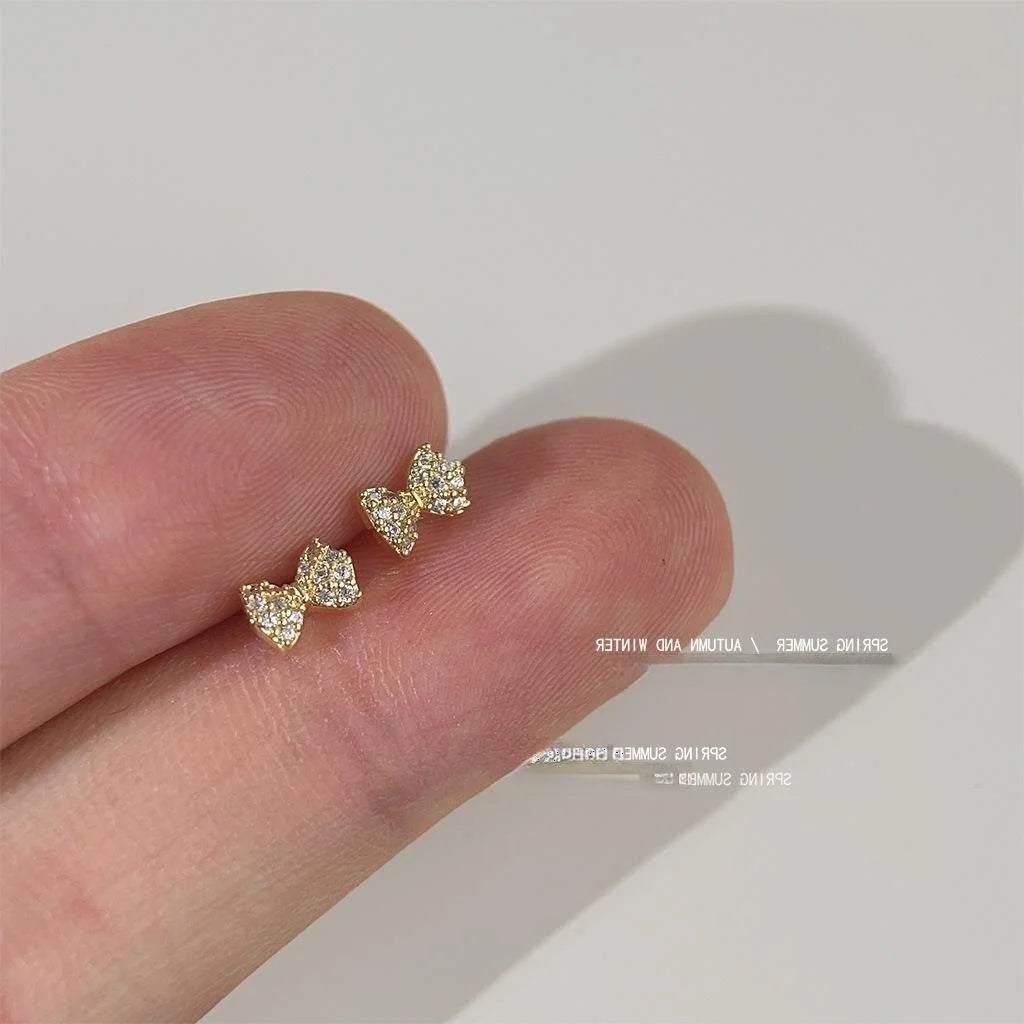 Mini Bow Stud Earrings 14K Plated Copper Micro Pave Zircon Fresh Minimalist Jewelry