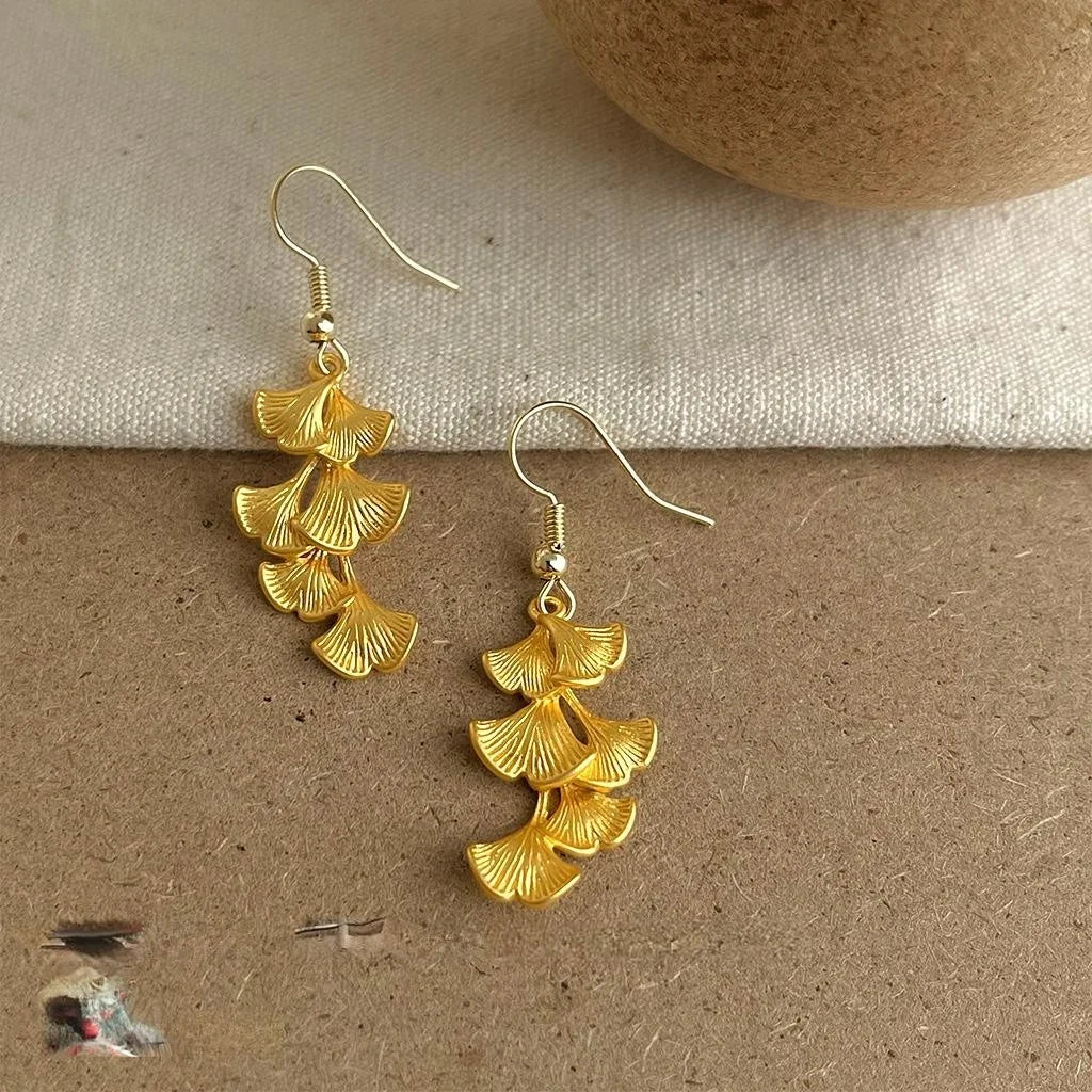 Vintage Artistic Copper Ginkgo Leaf Drop Earrings Matte New Chinese Designer Style