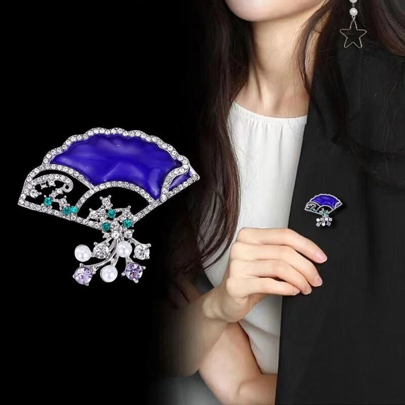 Elegant Blue Enamel Fan Brooch With Rhinestone And Faux Pearl Tassels, Women's Lapel Pin Gift