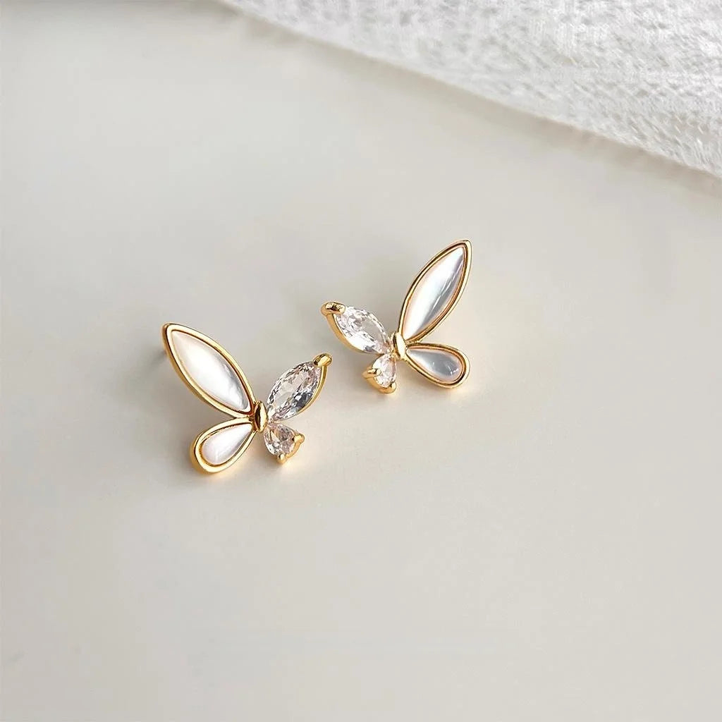 French Romantic Butterfly Stud Earrings With Real Shell Inlay Zircon Irregular Flower Luxury Style