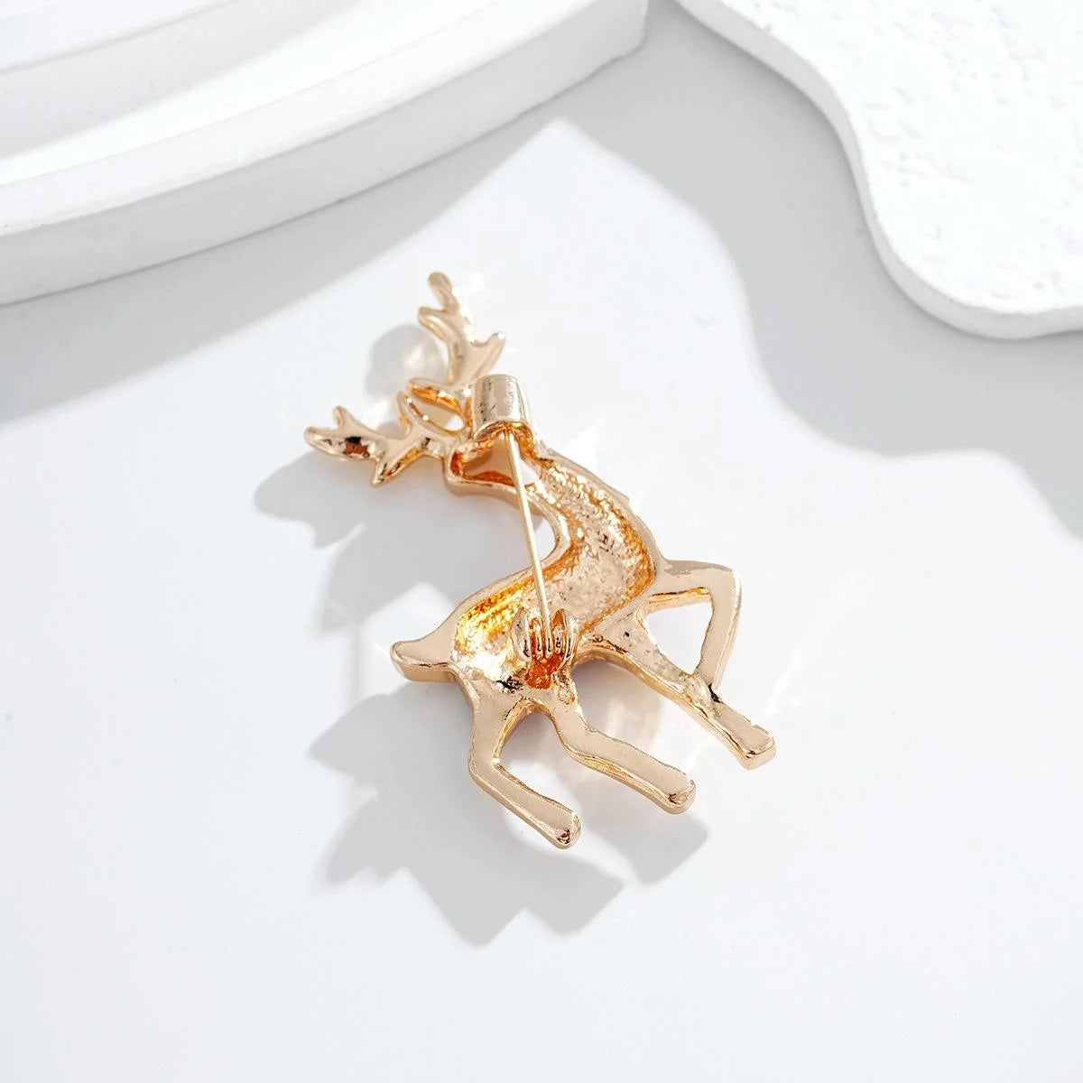 Cute Christmas Reindeer Brooch With Red Enamel Rhinestones, Gold Alloy Deer Lapel Pin Gift For Women