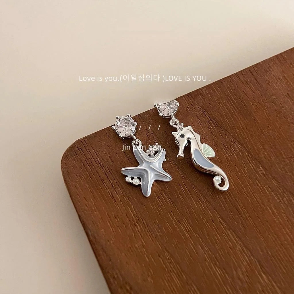Asymmetric Enamel Seahorse Starfish Micro Pave Zircon Copper Drop Earrings