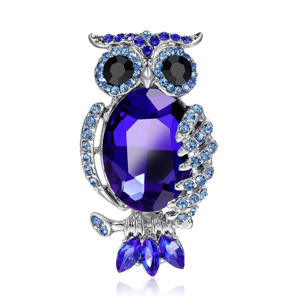 Luxury Royal Blue Acrylic Owl Brooch With Rhinestone Alloy Hollow Lapel Pin Corsage Suit Accessory Gift