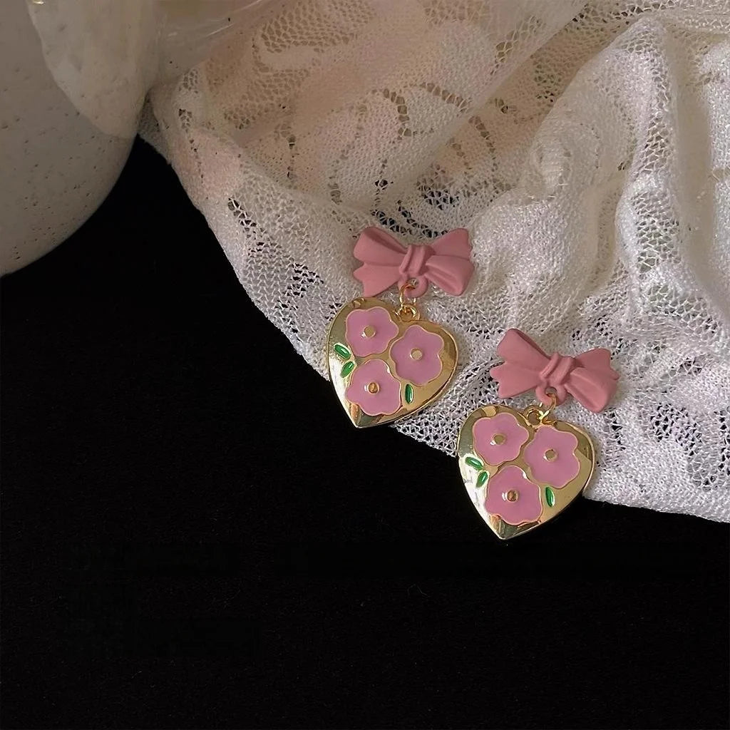 Sweet Pink Flower Heart Bow Copper Stud Earrings For Women Princess Style Jewelry