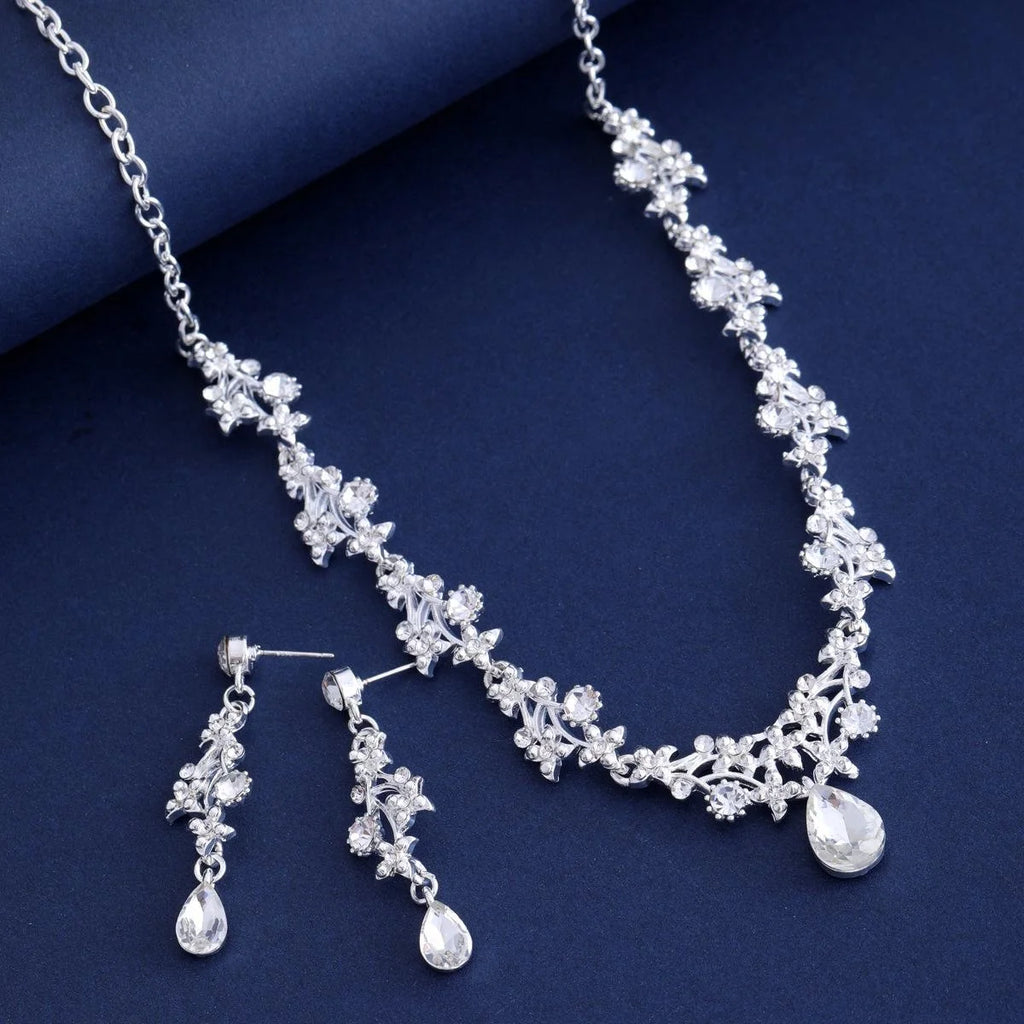 Luxury Crystal Teardrop Floral Necklace And Earrings Jewelry Set, Elegant Bridal Jewelry For Wedding Party
