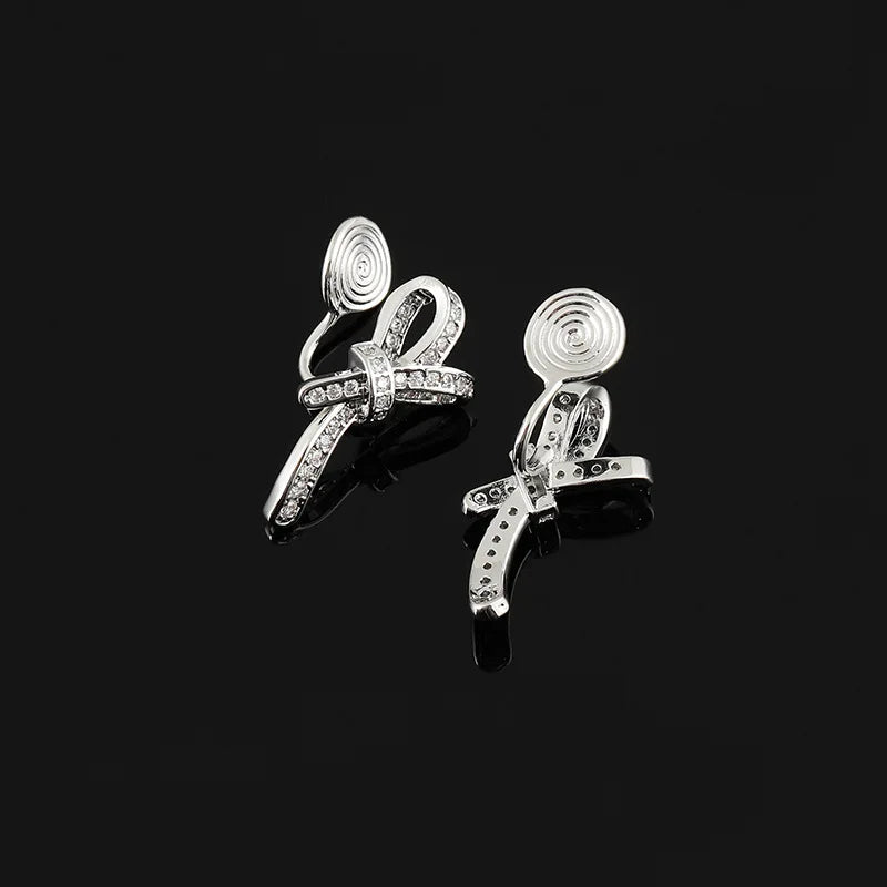 Elegant Micro Paved Zircon Bowknot Coil Stud & Clip On No Piercing Luxury Alloy Earrings