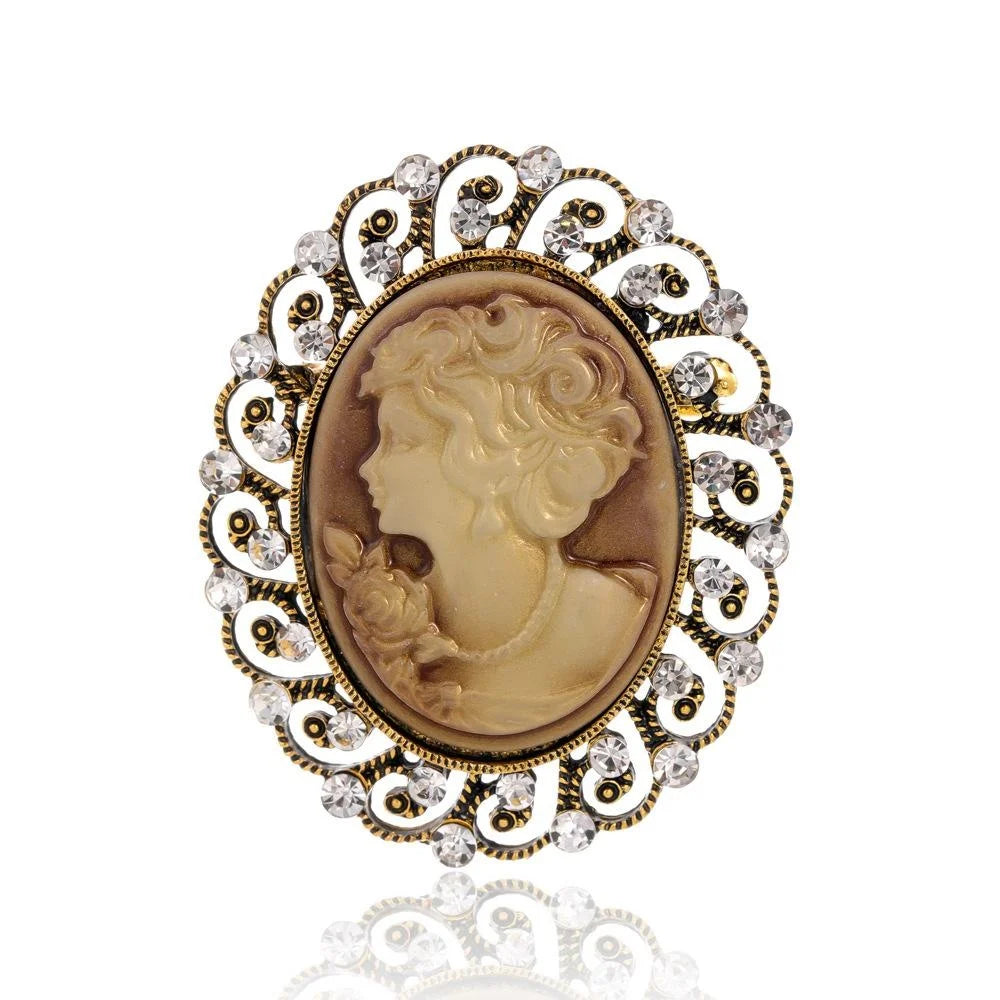 Vintage Victorian Queen Cameo Brooch With Rhinestone Alloy Filigree Frame, Elegant Lapel Pin Suit Accessory
