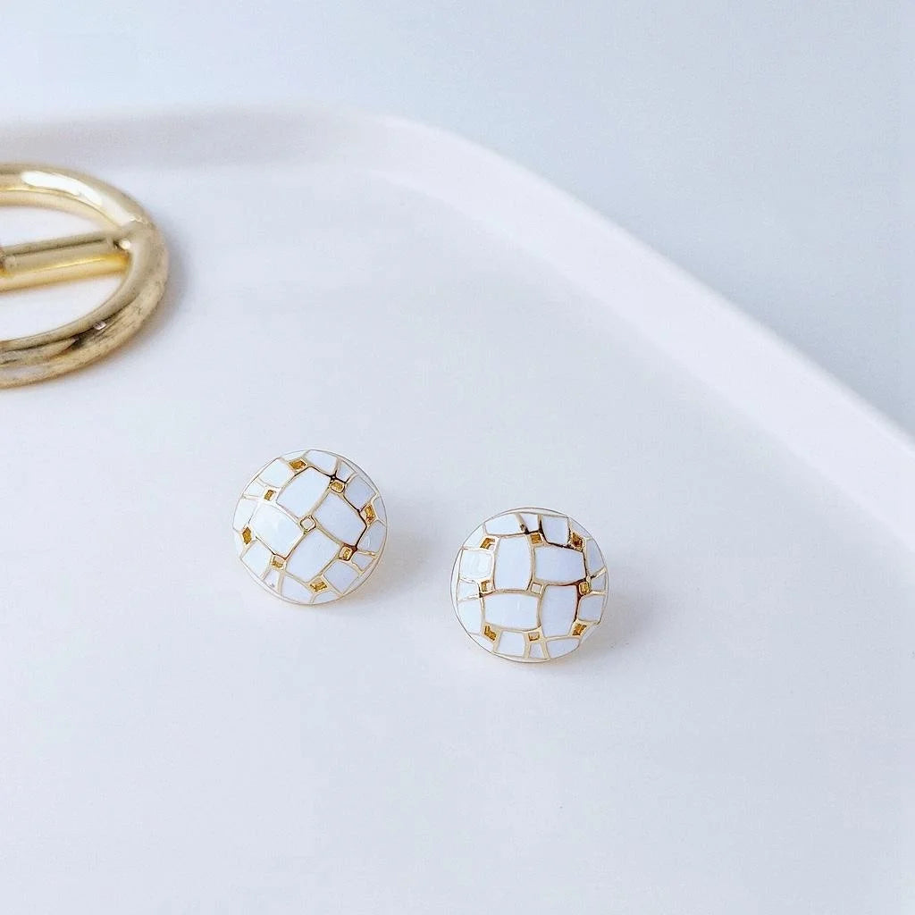Premium Minimalist Burgundy Round Geometric Enamel Copper Stud Earrings With Silver Plated Pins