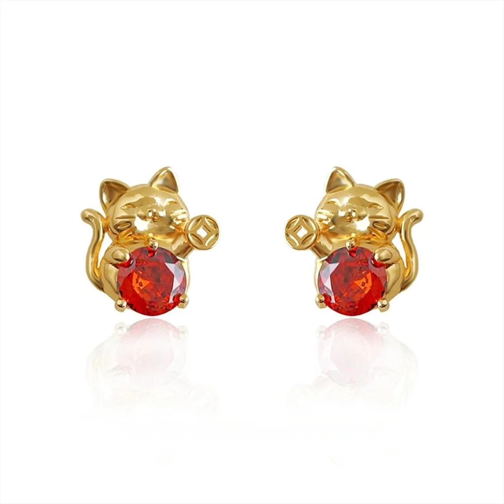 Style Zircon Inlaid Copper Fortune Cat Stud Earrings Posts
