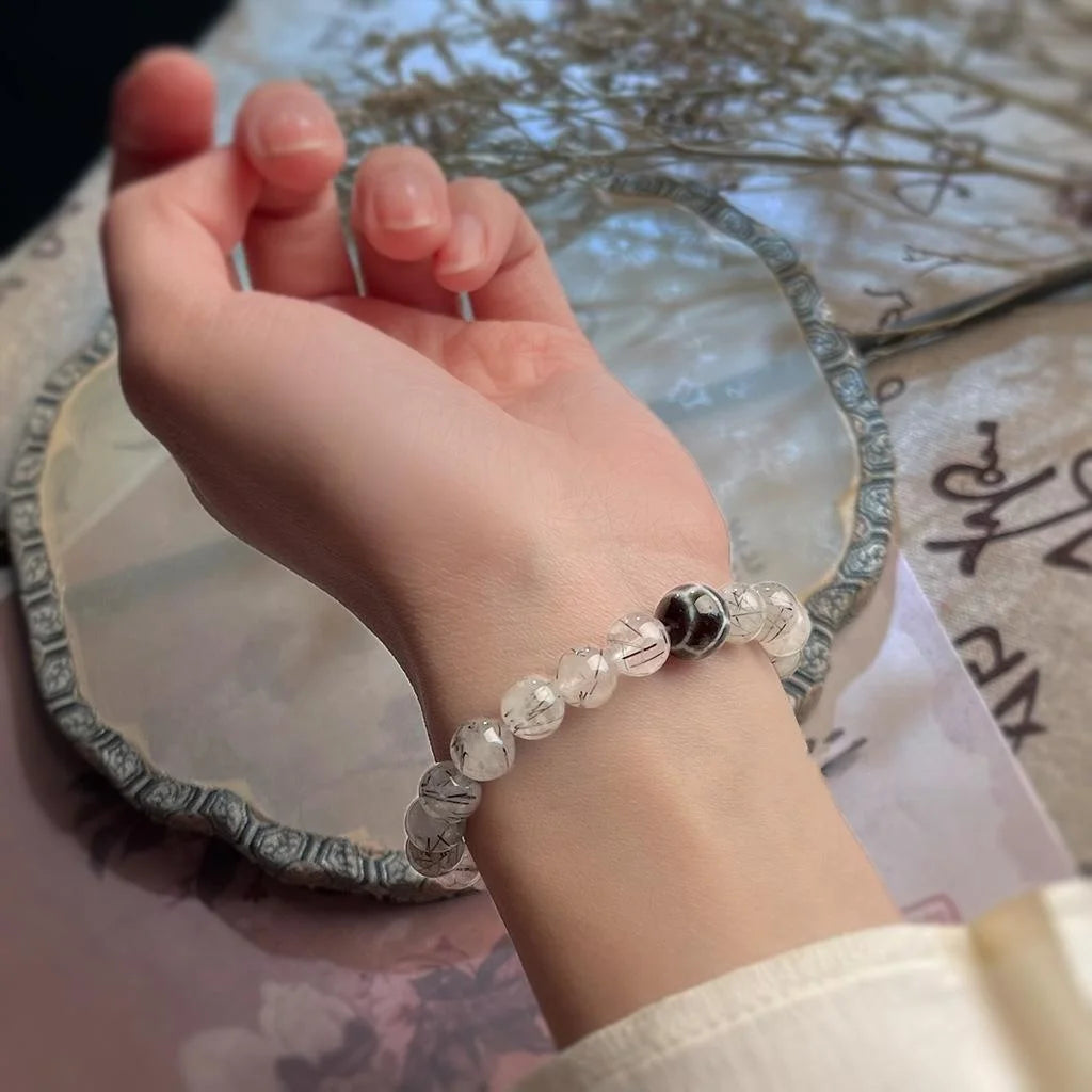 Natural Black Rutilated Quartz Beaded Bracelet New Chinese Vintage Geometric Round Design