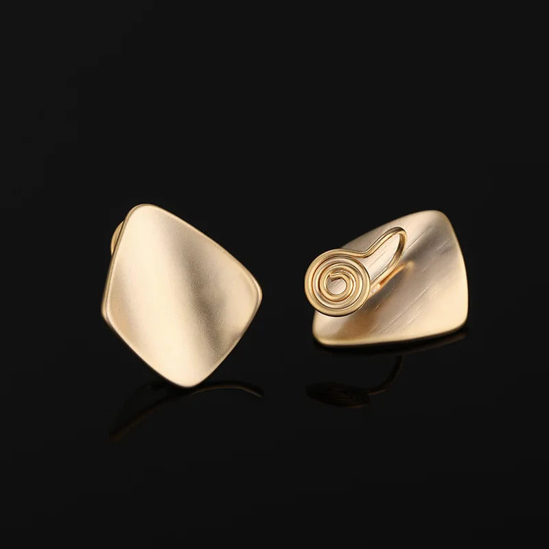 Vintage Hong Kong Style Matte Gold Alloy Diamond Square Stud & Clip On No Piercing Minimalist Earrings