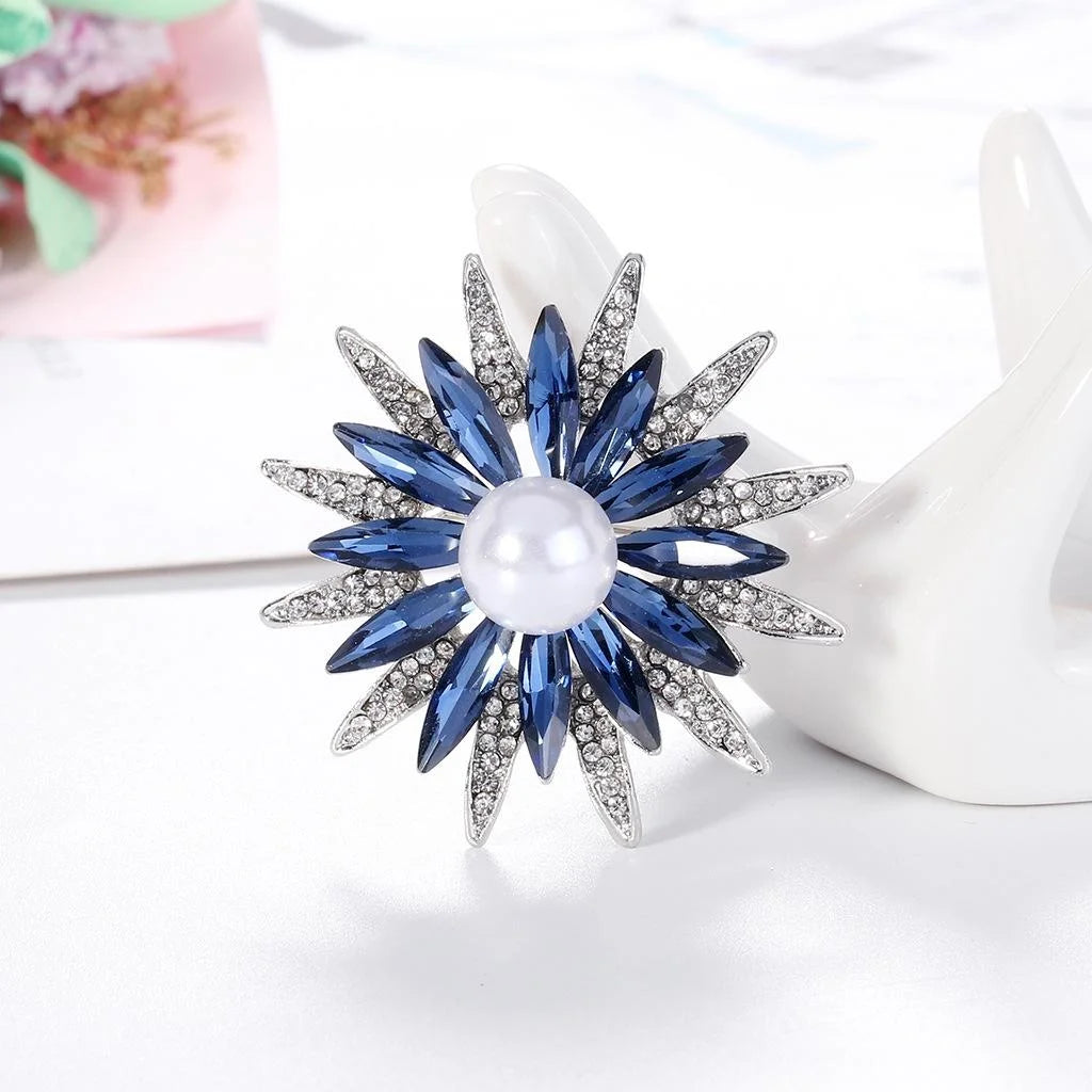 Elegant Sunflower Flower Brooch With Blue Crystal Petals, Pearl Center And Rhinestone Alloy Lapel Pin Gift