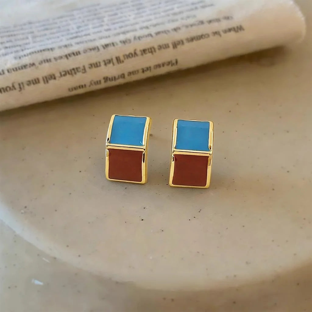 Fashion Contrast Color Square Geometric Enamel Stud Earrings For Women