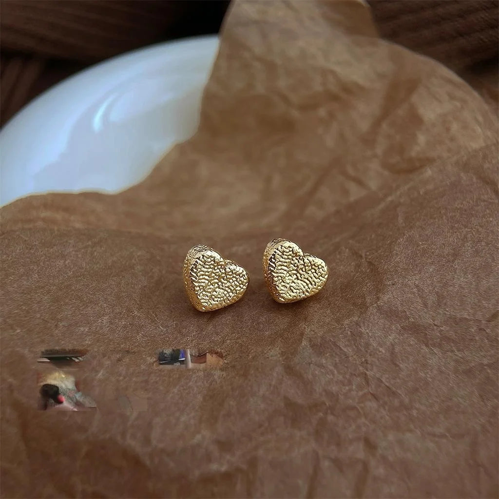 14K Electroplated Matte Mini Heart Stud Earrings For Women Copper Jewelry