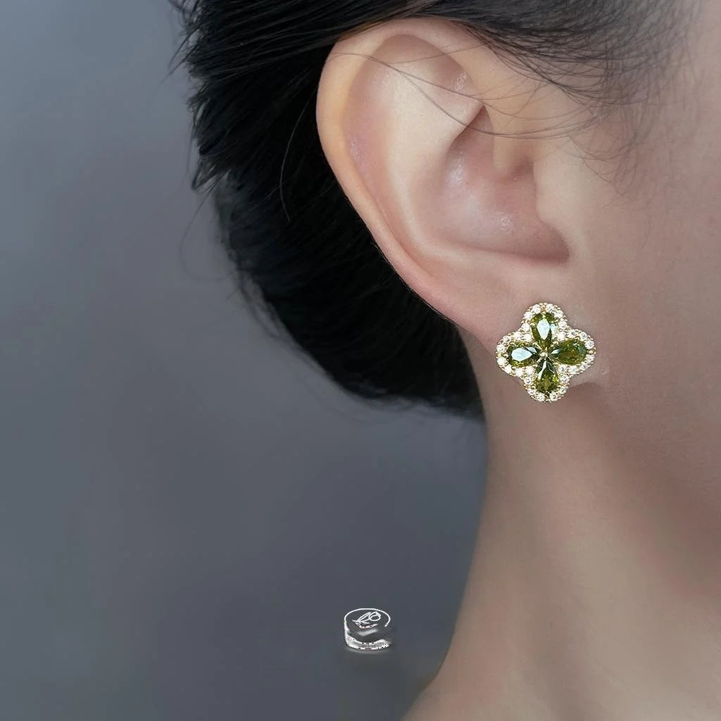 Luxury Micro Pave Zircon Olive Green Flower Petal Silver Plated Stud Earrings For Daily Wear