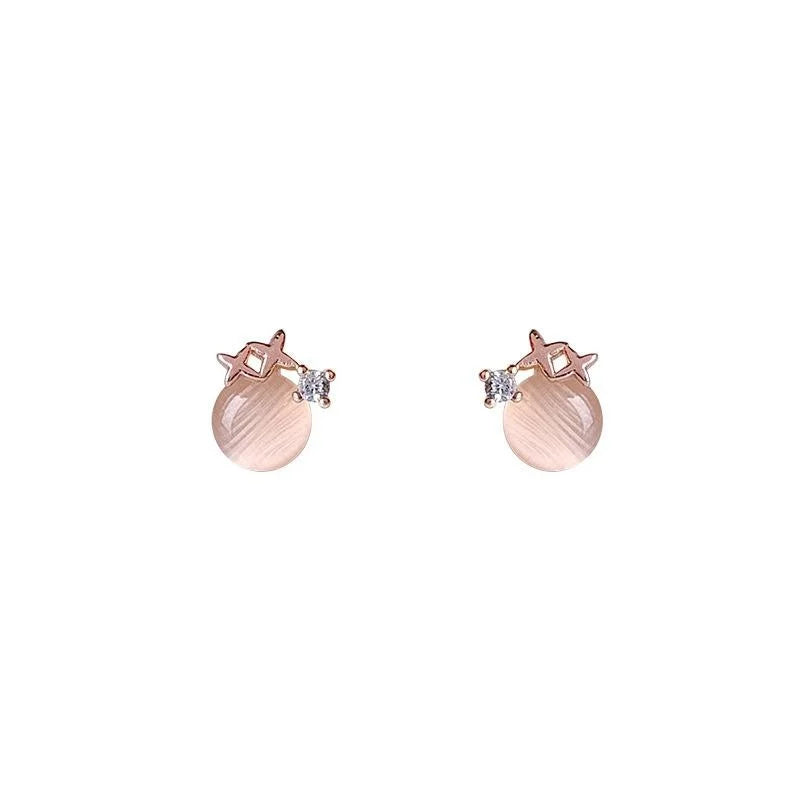 Rose Gold Plated Copper Glass Cat Eye Star Zircon Mini Stud Earrings Cute Pink Versatile Jewelry
