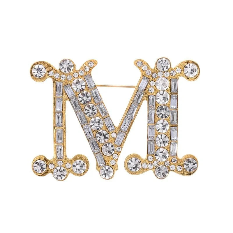 Luxury M Letter Rhinestone Alloy Brooch Elegant Gold Tone Zircon Lapel Pin Corsage For Women Suit Gift