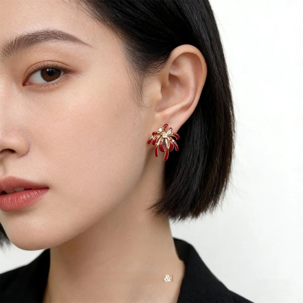 Luxury Burgundy Firework Micro Pave Zircon Enamel Geometric Copper Stud Earrings