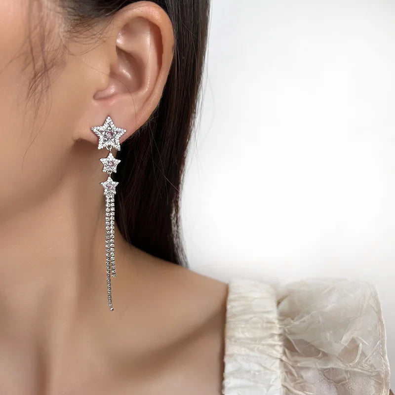 Elegant Luxury Rhinestone Star Charm Long Chain Tassel Stud & Clip On No Piercing Dangle Earrings