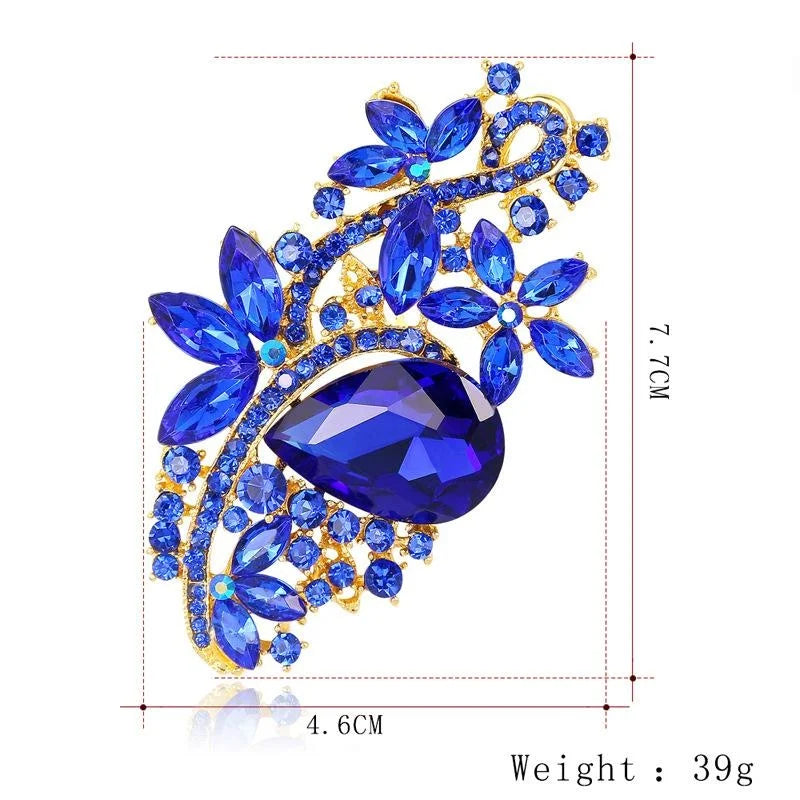Elegant Blue Rhinestone Crystal Flower Brooch Alloy Luxury Lapel Pin Corsage Suit Accessory Gift
