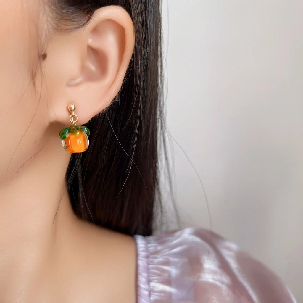 Elegant Orange Green Persimmon Fruit Enamel Alloy Stud & Clip On No Piercing Drop Dangle Earrings