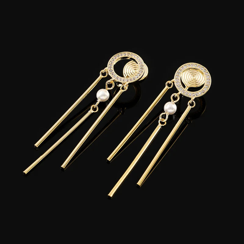 Elegant Gold Alloy Round Spiral Rhinestone Pearl Tassel Stud & Clip On No Piercing Long Drop Earrings