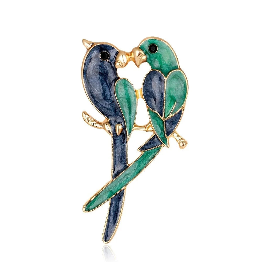 Elegant Enamel Lovebird Parrot Brooch Pin, Gold Tone Alloy Bird Lapel Pin Corsage Suit Accessory Gift