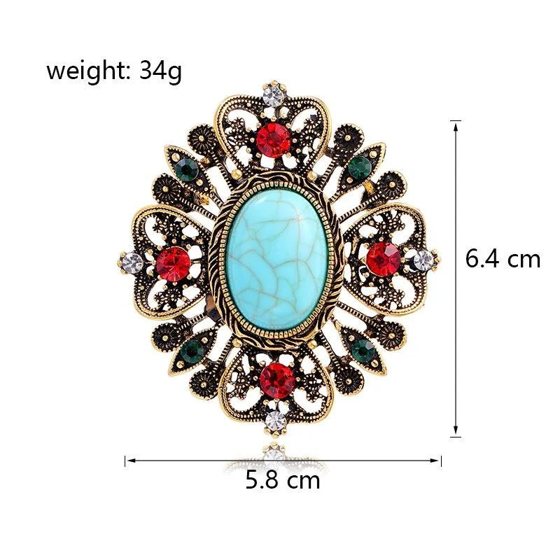 Vintage Baroque Turquoise Cabochon Rhinestone Alloy Brooch, Elegant Floral Lapel Pin Suit Accessory