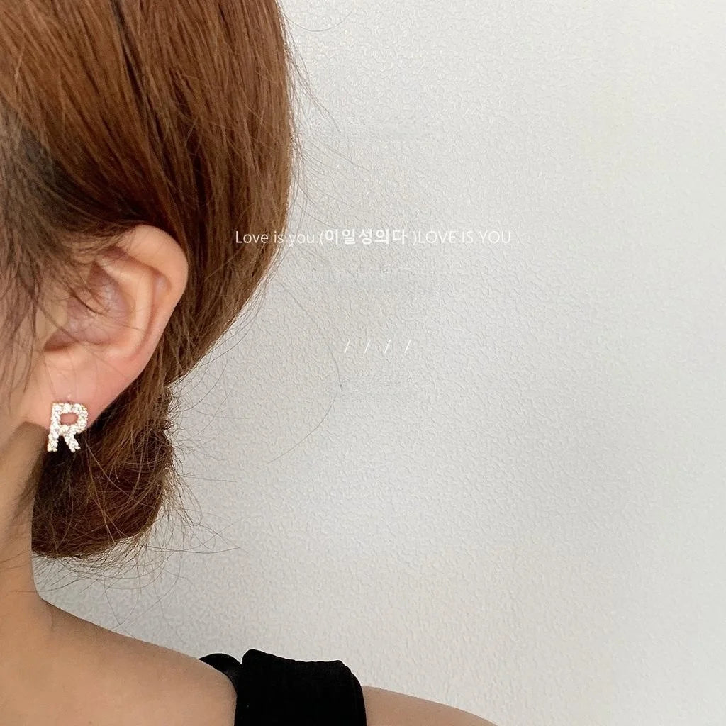 14K Plated Copper Micro Pave Zircon English Letter Stud Earrings For Women Fashion Jewelry