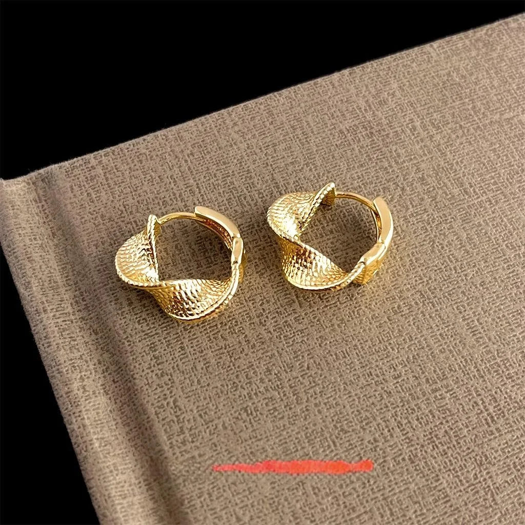 14K Gold Plated Copper Geometric Twisted Hoop Drop Earrings Light Luxury Office Jewelry