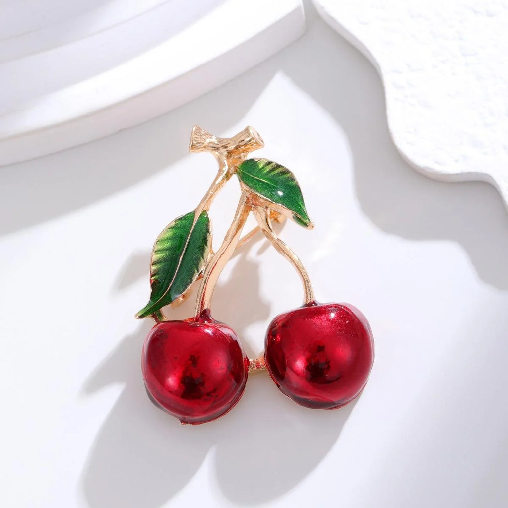 Cute Cherry Fruit Brooch With Enamel Leaves And Rhinestone Accents, Elegant Lapel Pin Corsage Gift
