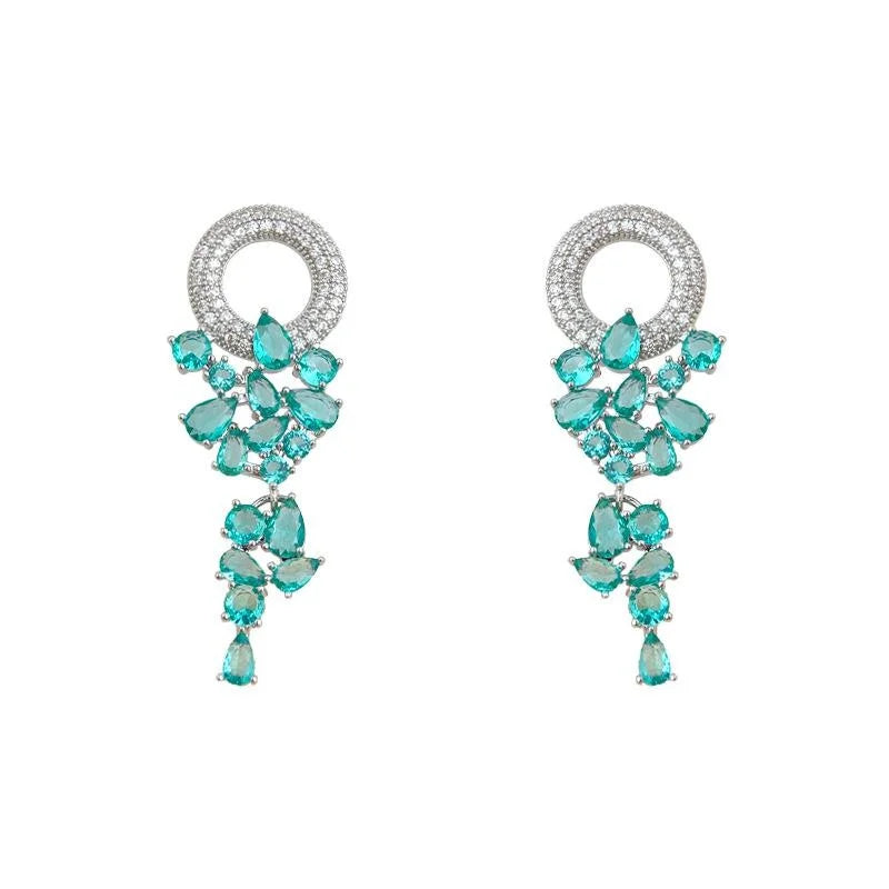 Blue Green Grape Zircon Copper Tassel Drop Earrings With Silver Plated Pins
