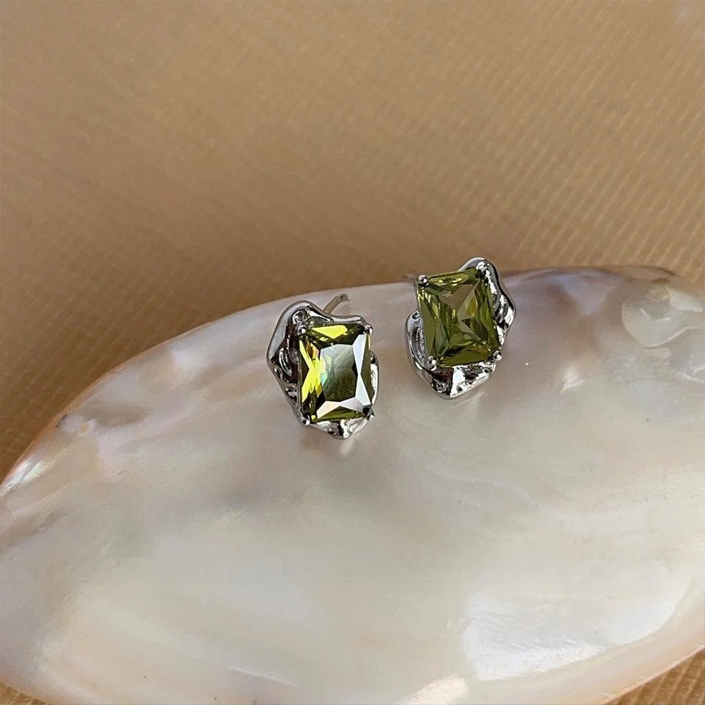 Irregular Geometric Olive Green Zircon Stud Earrings Copper Sweet Cool Style