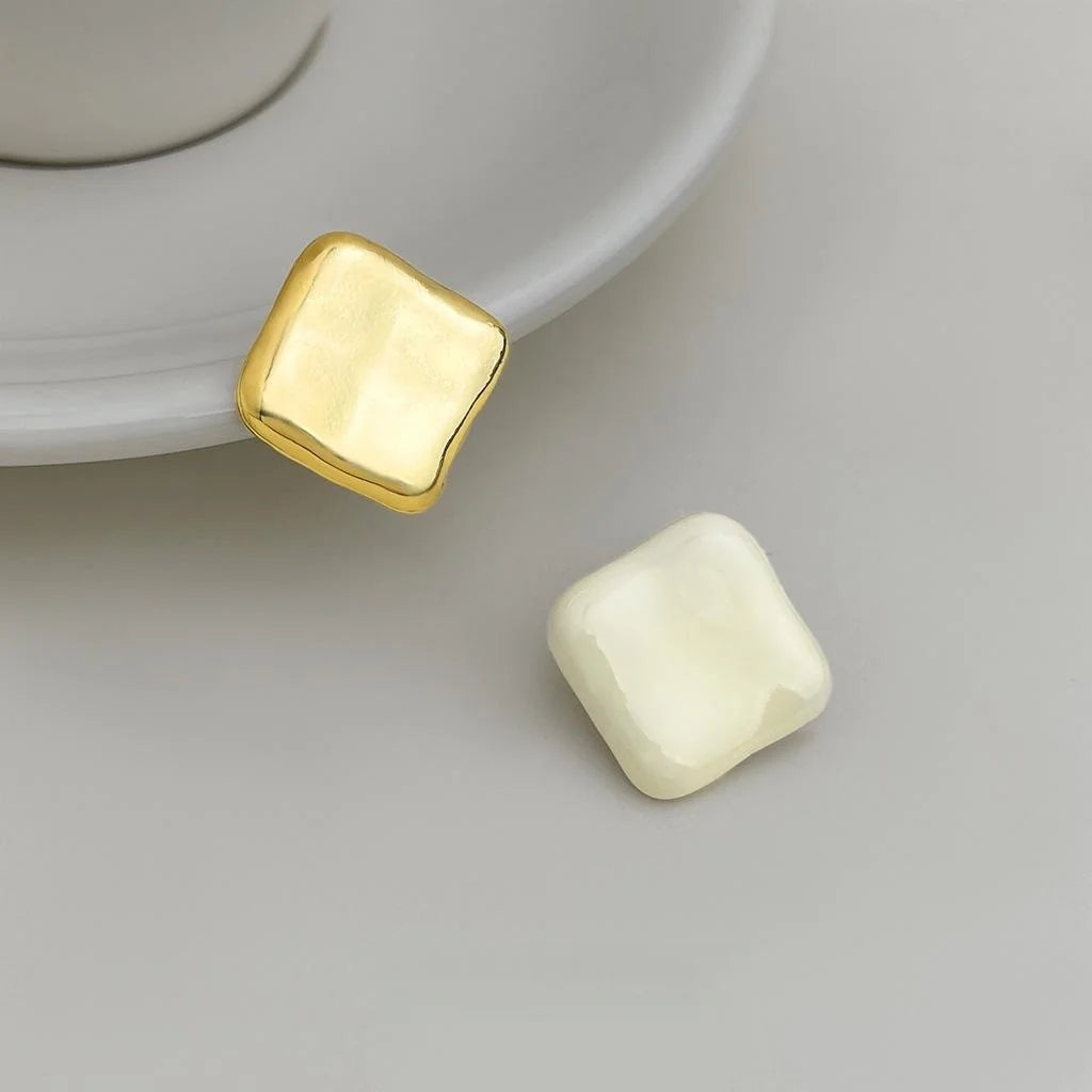 French Vintage Asymmetric Geometric Enamel Square Copper Stud Earrings For Women