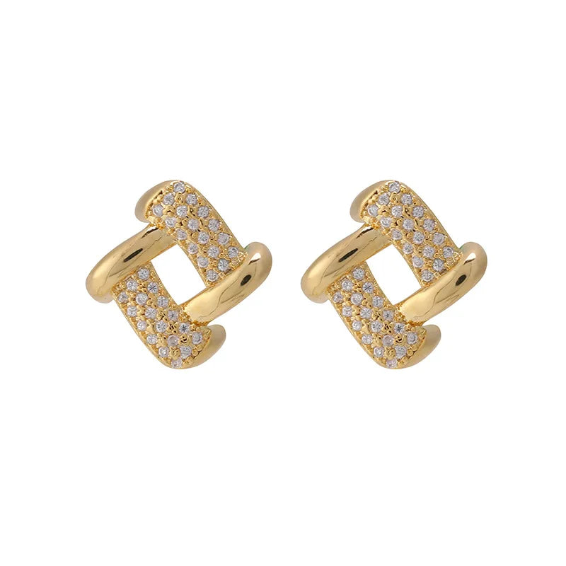 Elegant Geometric Diamond Link Zircon Alloy Stud & Clip On No Piercing Commuter Fashion Earrings
