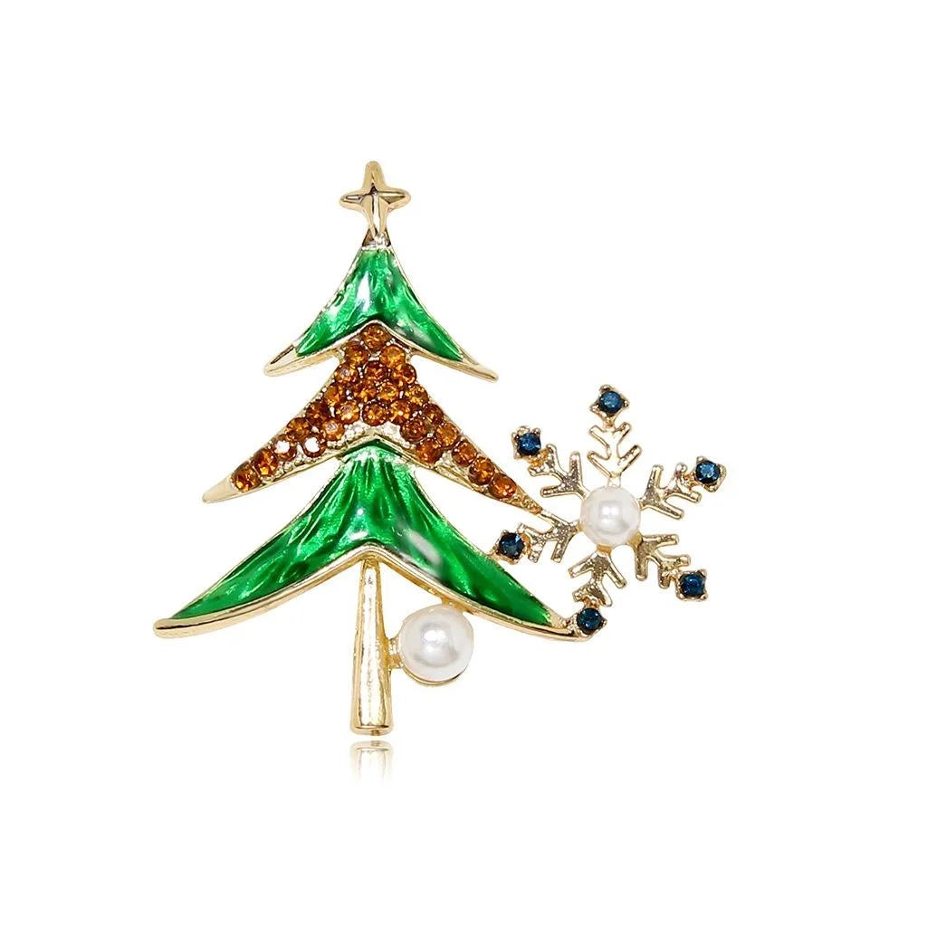 Elegant Enamel Christmas Tree Snowflake Brooch With Rhinestone Pearl, Women's Holiday Lapel Pin Gift