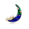 Elegant Enamel Crescent Moon Castle Brooch With Rhinestone Stars, Women's Lapel Pin Corsage Gift